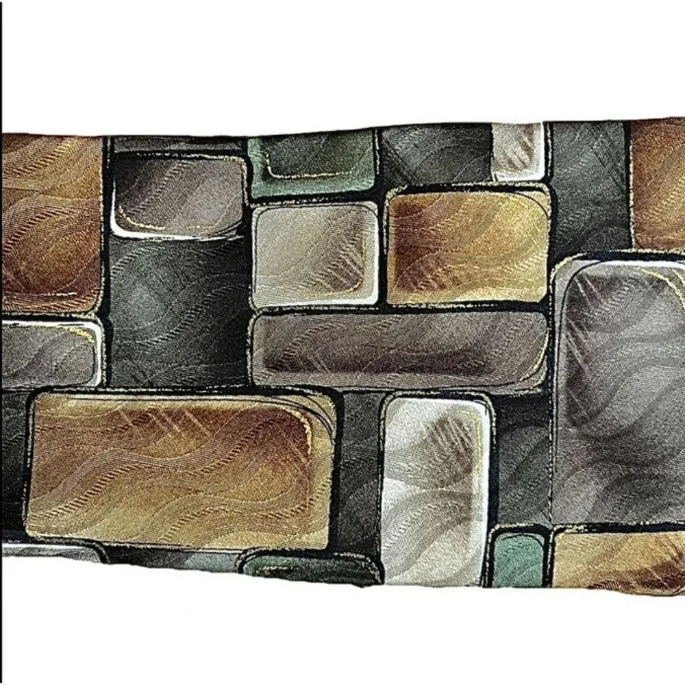ZYLOS George Machado Silk Necktie Brown Green Gold‎ Abstract Mosaic Block USA
